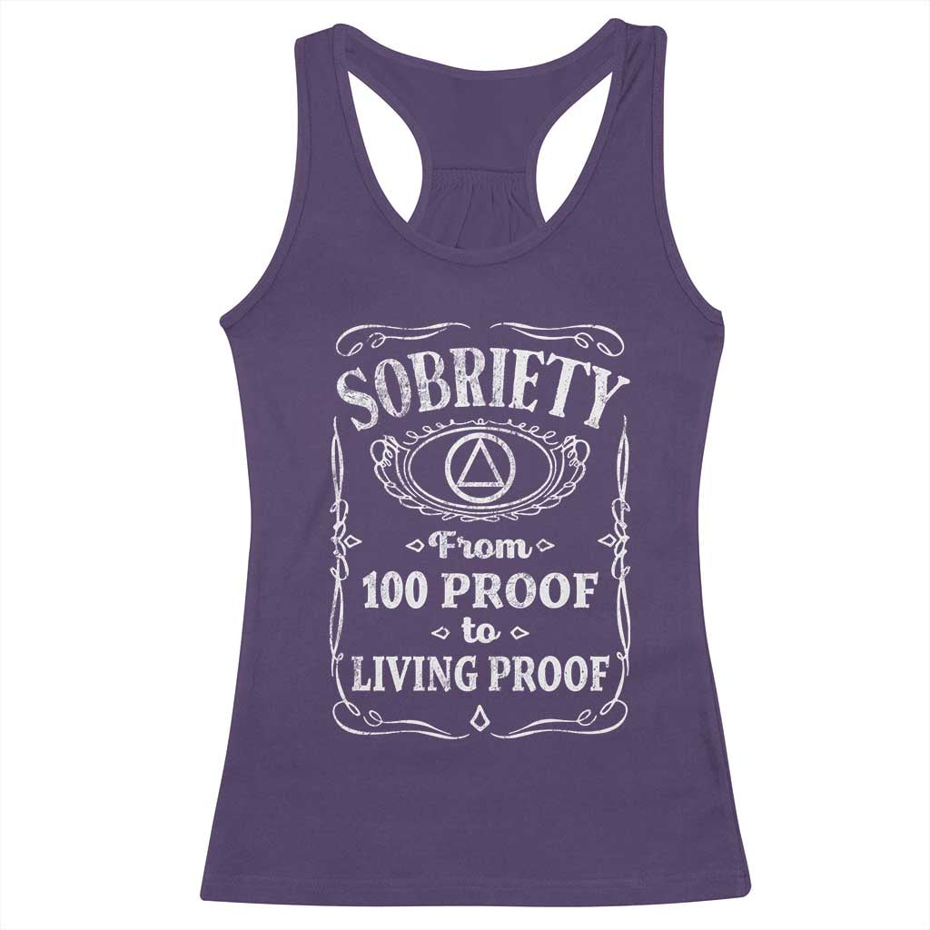 Sobriety From 100 Proof To Living Proof Racerback Tank Top Sober Anniversary AA NA Recovery TS11 Purple Print Your Wear