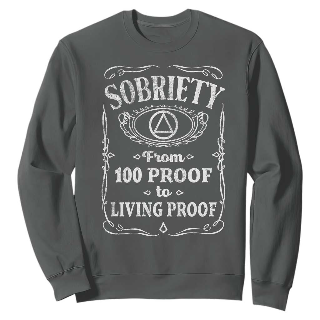 Sobriety From 100 Proof To Living Proof Sweatshirt Sober Anniversary AA NA Recovery TS11 Dark Heather Print Your Wear
