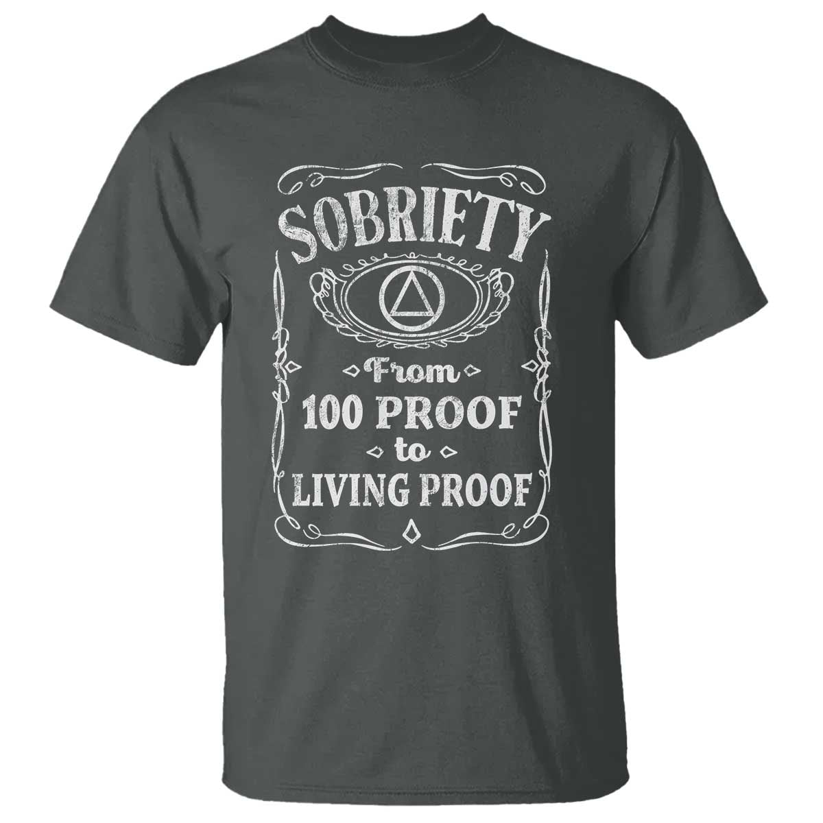 Sobriety From 100 Proof To Living Proof T Shirt Sober Anniversary AA NA Recovery TS11 Dark Heather Print Your Wear