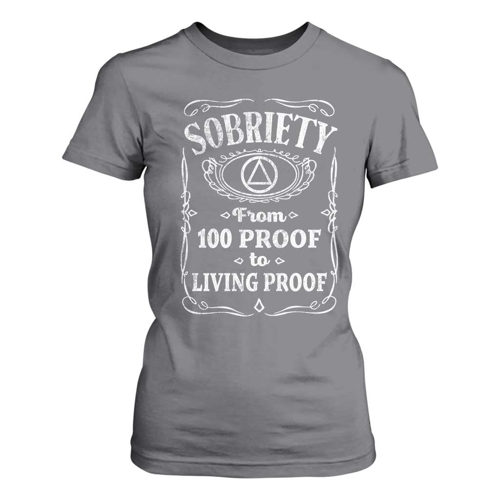 Sobriety From 100 Proof To Living Proof T Shirt For Women Sober Anniversary AA NA Recovery TS11 Charcoal Print Your Wear