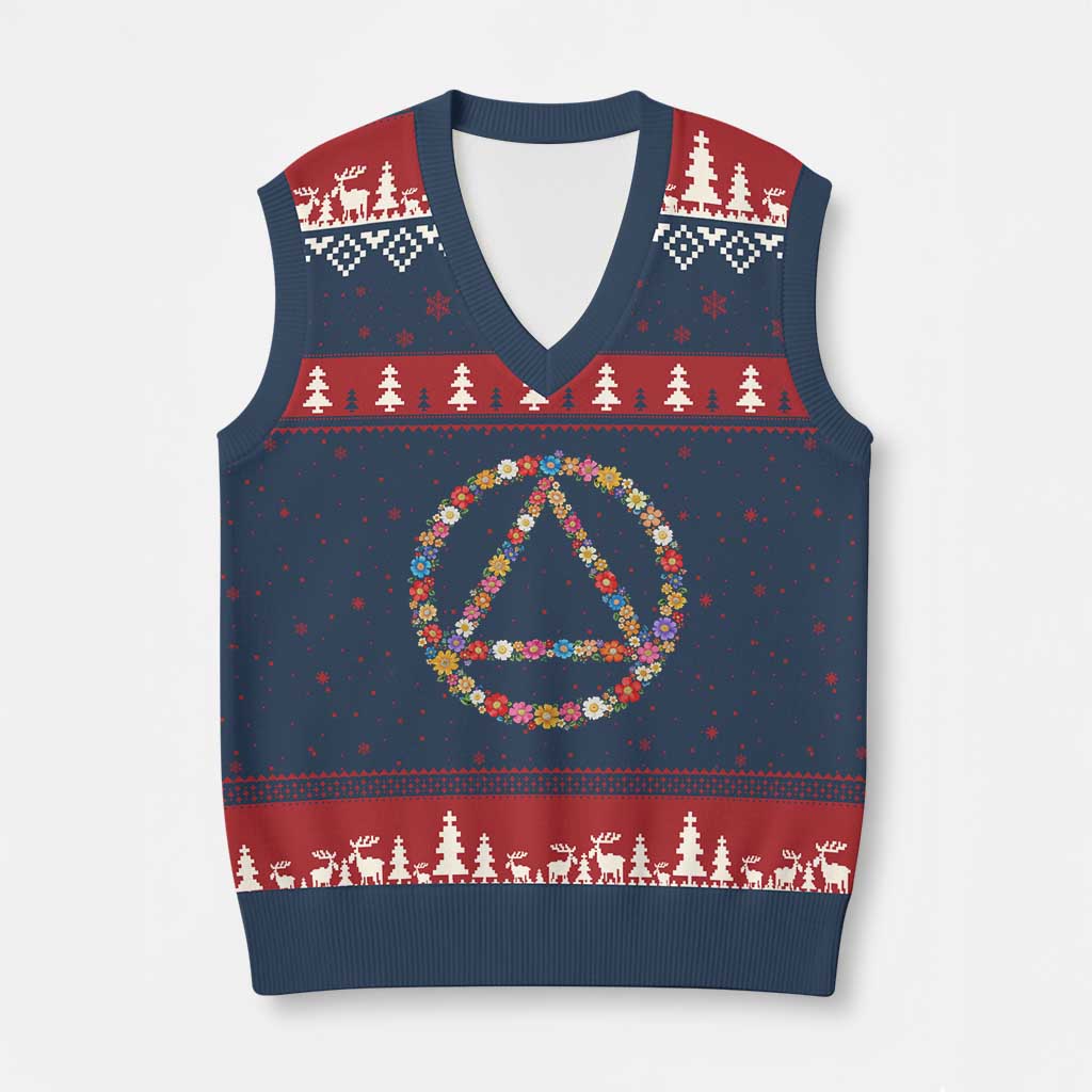 AA Sober Retro Flower Symbol Serenity Recovery V-Neck Knit Sweater Vest TS11 Navy Red Print Your Wear