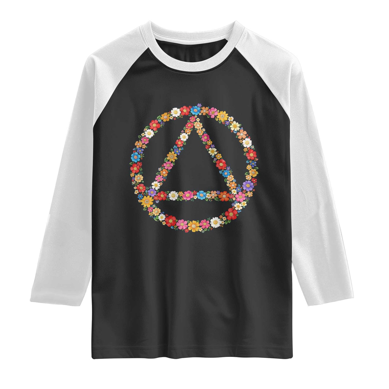 AA Sober Retro Flower Symbol Serenity Recovery Raglan Shirt TS11 Black White Print Your Wear