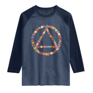 AA Sober Retro Flower Symbol Serenity Recovery Raglan Shirt TS11 Heather Denim Navy Print Your Wear