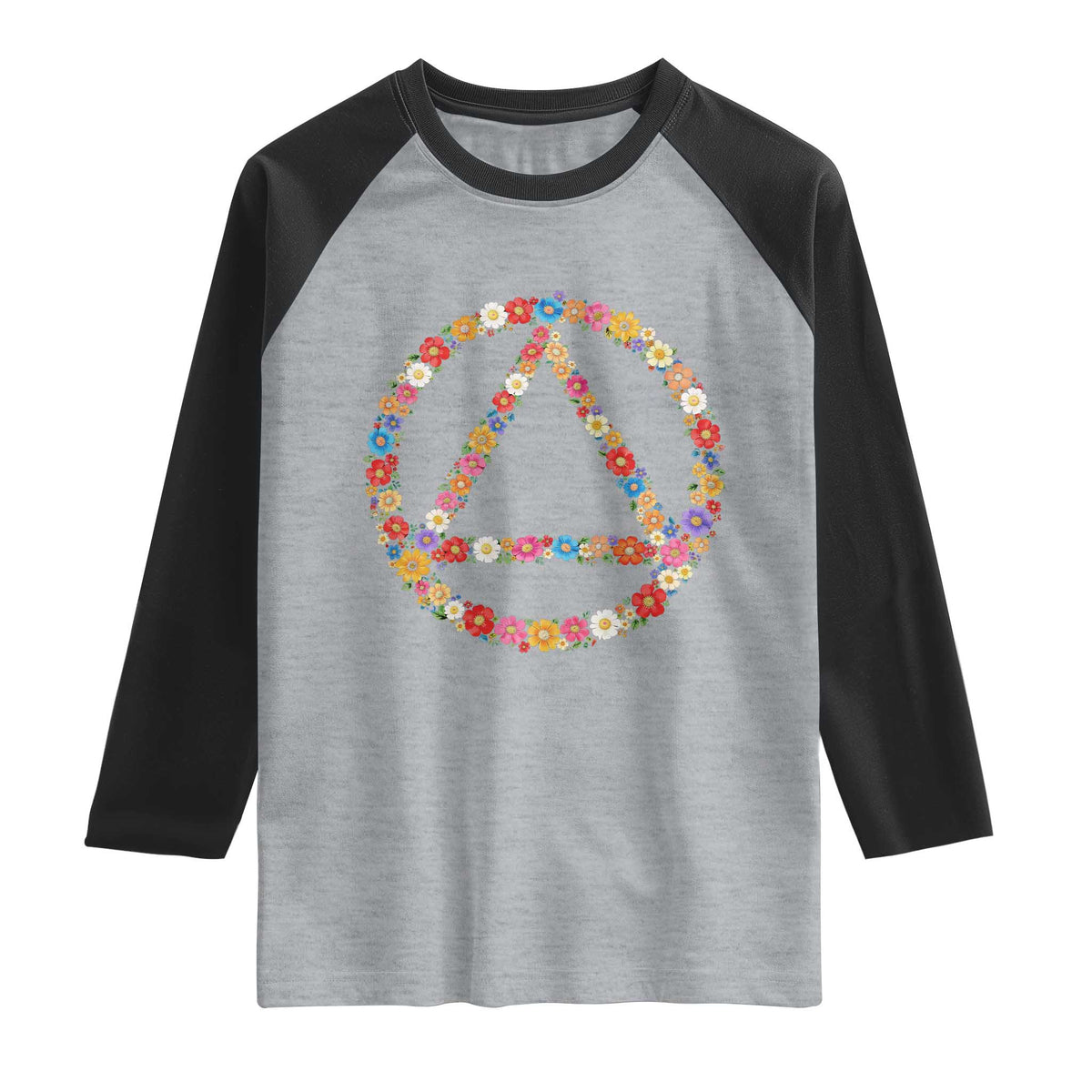AA Sober Retro Flower Symbol Serenity Recovery Raglan Shirt TS11 Heather Gray Black Print Your Wear