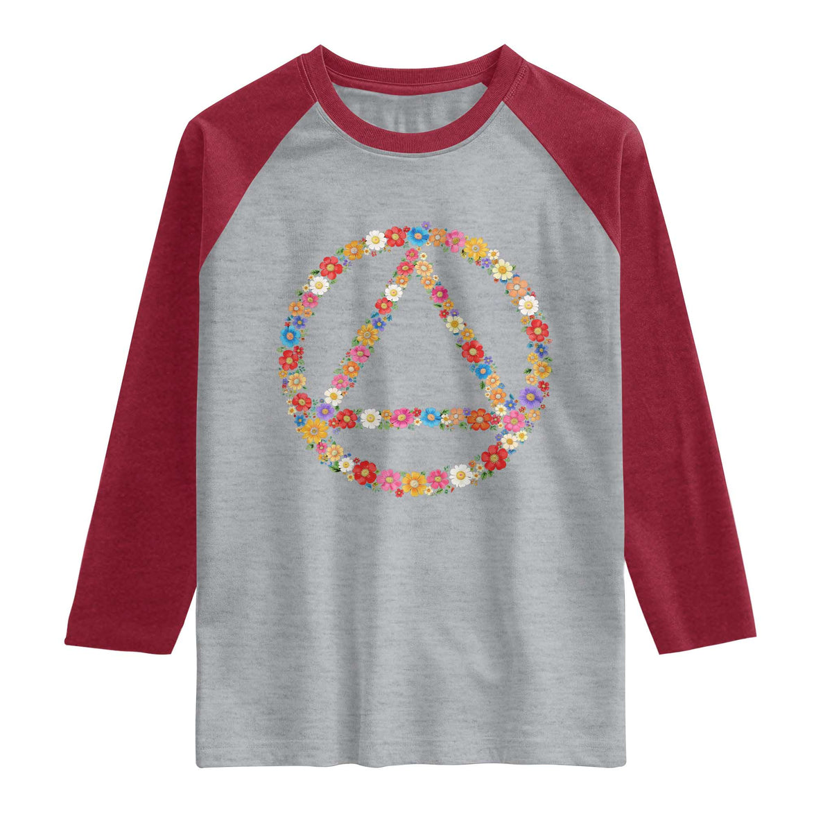 AA Sober Retro Flower Symbol Serenity Recovery Raglan Shirt TS11 Heather Gray Heather Red Print Your Wear