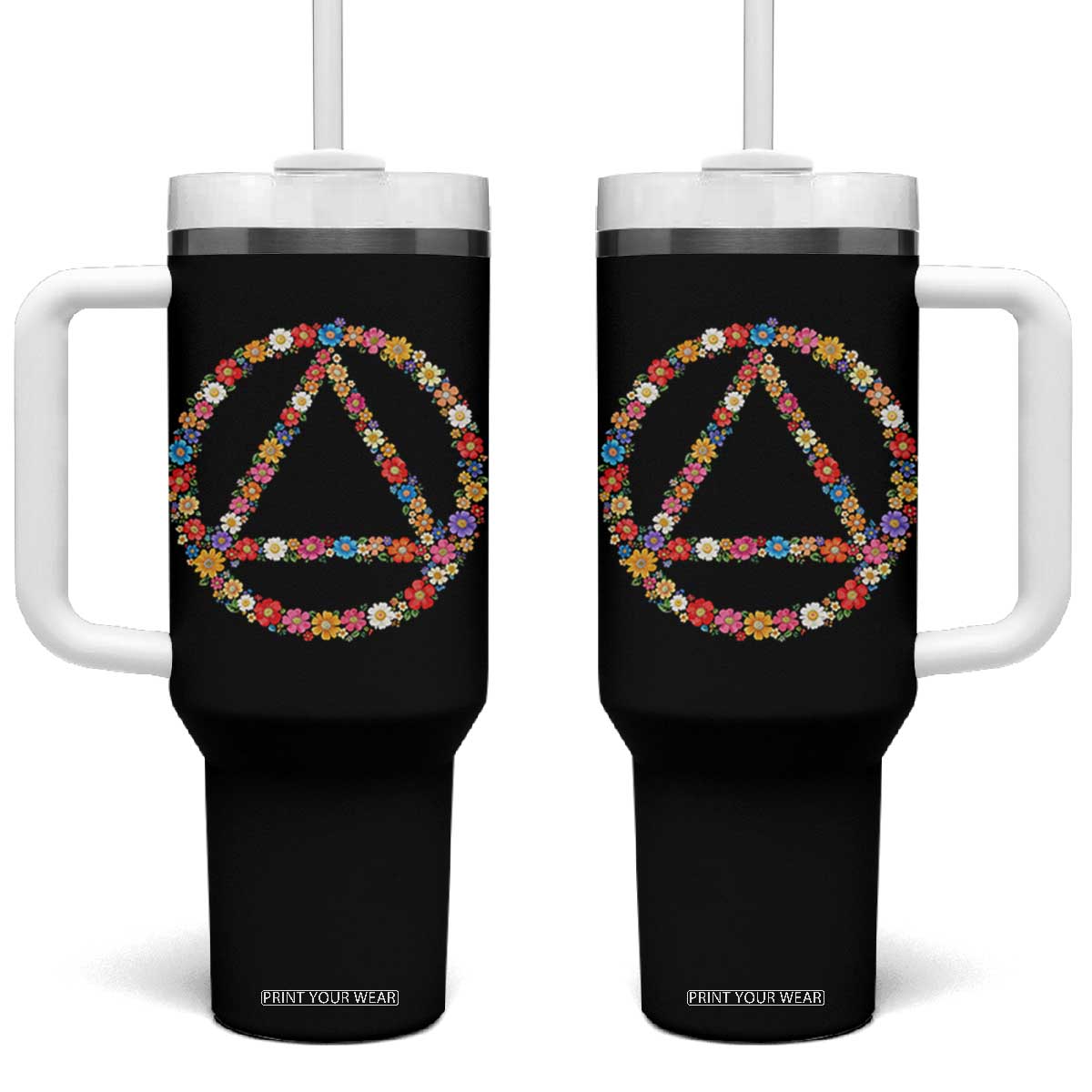 AA Sober Retro Flower Symbol Serenity Recovery Tumbler With Handle TS11 One Size: 40 oz Black Print Your Wear