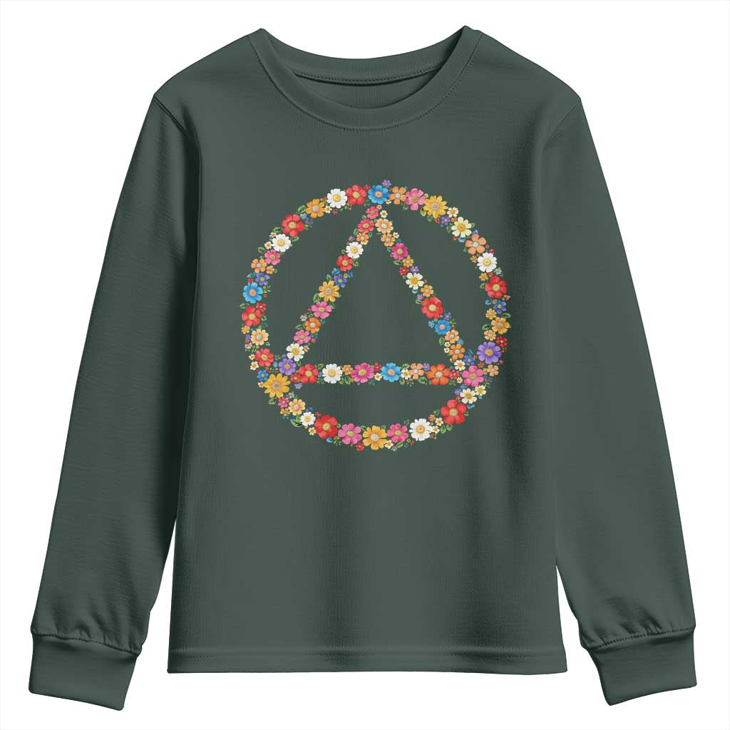 AA Sober Retro Flower Symbol Serenity Recovery Youth Sweatshirt TS11 Dark Forest Green Print Your Wear