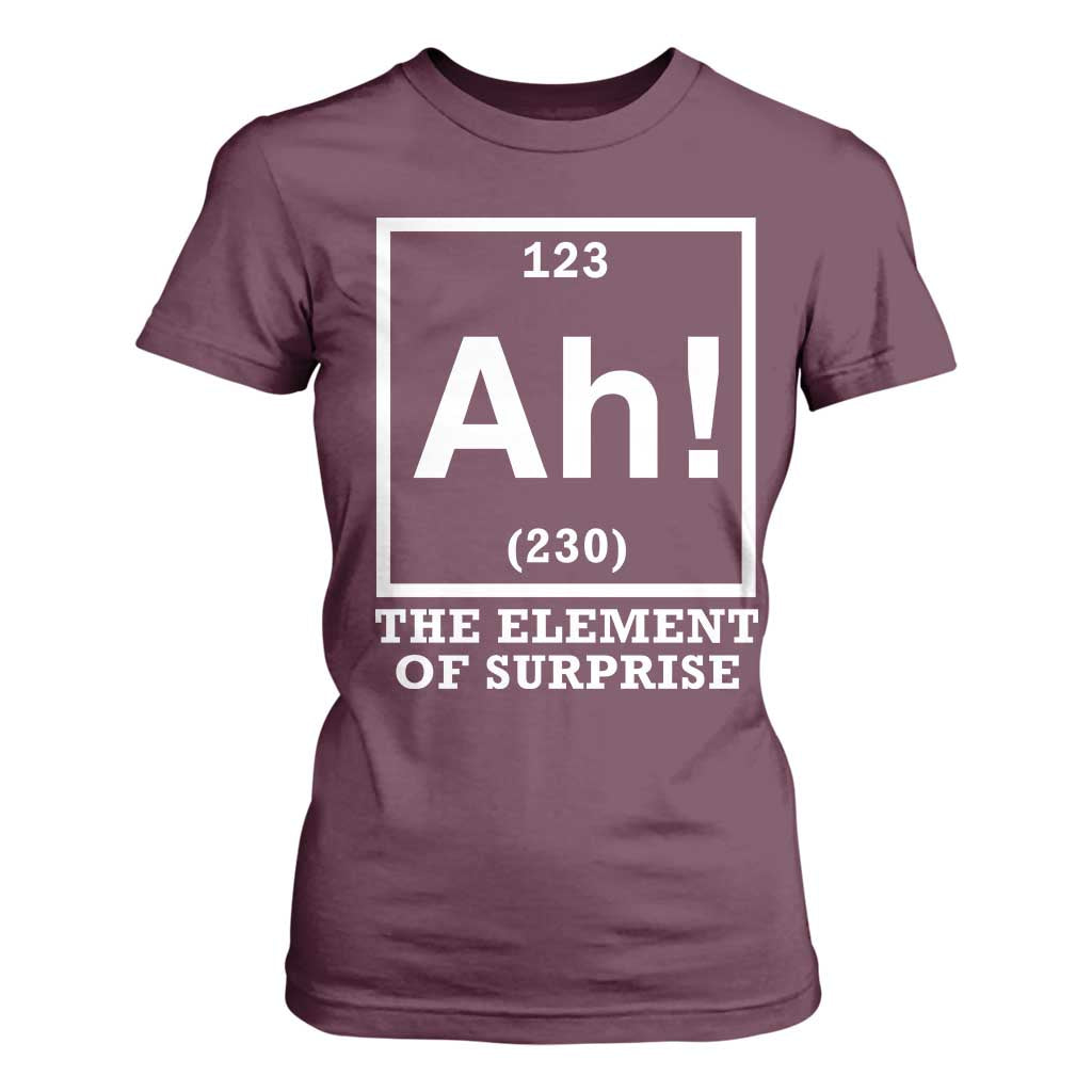 Ah The Element Of Surprise T Shirt For Women Funny Chemistry Science Pun TS11 Maroon Print Your Wear