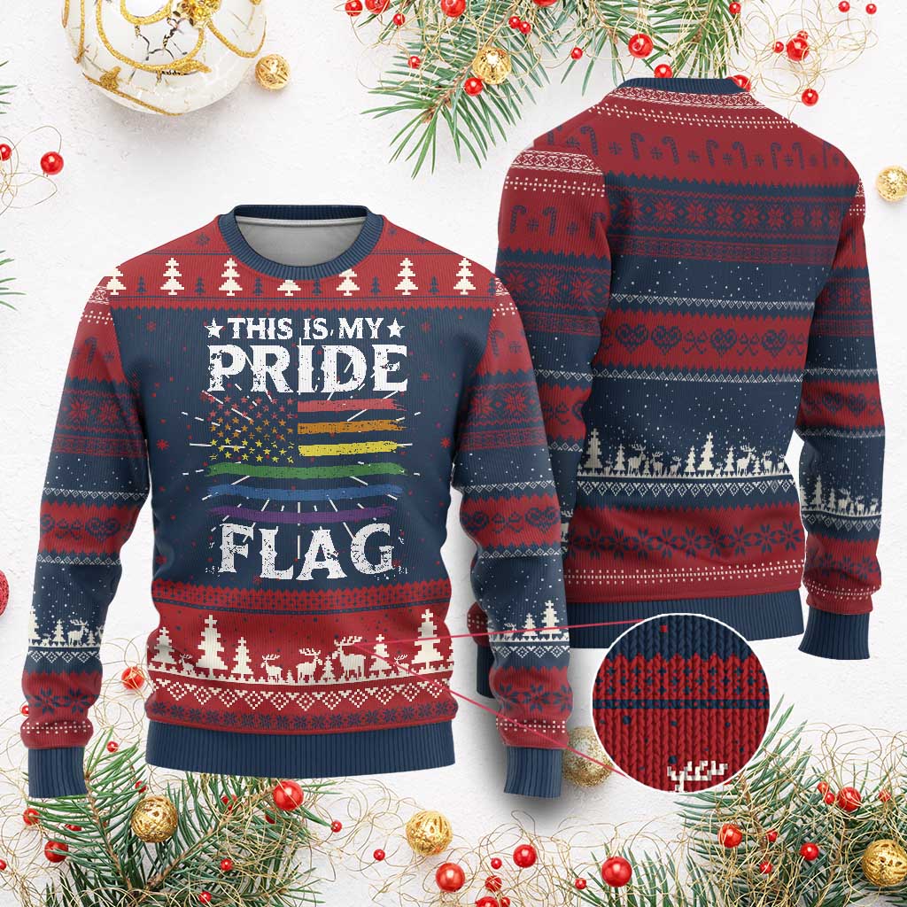 Funny LGBTQ This Is My Pride Flag Knit Sweatshirt Rainbow American Flag TS11 Burgundy Print Your Wear