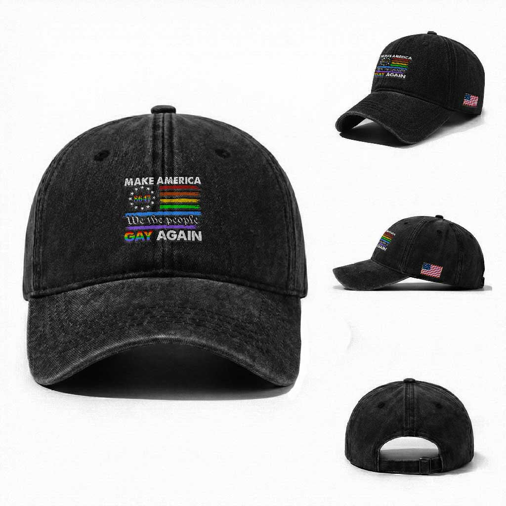 Funny Make America Gay Again 8647 Washed Cotton Baseball Cap Rainbow Betsy Ross Flag TS11 Washed Cap Universal Fit Black Print Your Wear