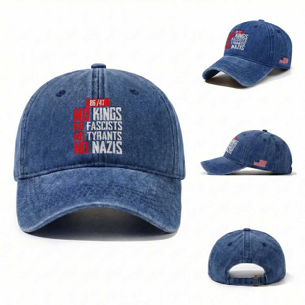 No Kings No Fascists No Tyrants No Nazis 8647 Washed Cotton Baseball Cap TS11 Washed Cap Universal Fit Royal Blue Print Your Wear