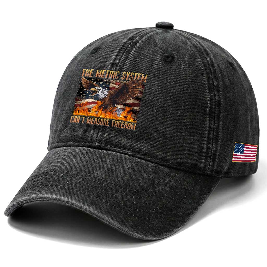 Funny The Metric System Can't Measure Freedom Washed Cotton Baseball Cap 4th of July Fire Eagle USA Flag Meme TS11 Print Your Wear