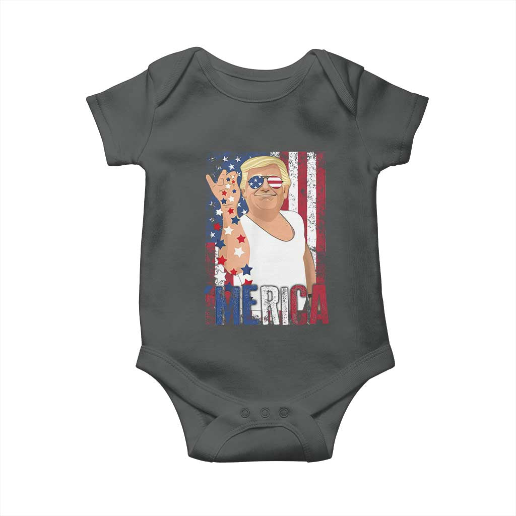Funny Patriotic Trump Merica Baby Onesie Vintage American Flag 4th of July TS11 Dark Heather Print Your Wear