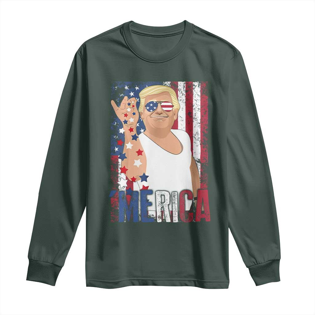 Funny Patriotic Trump Merica Long Sleeve Shirt Vintage American Flag 4th of July TS11 Dark Forest Green Print Your Wear