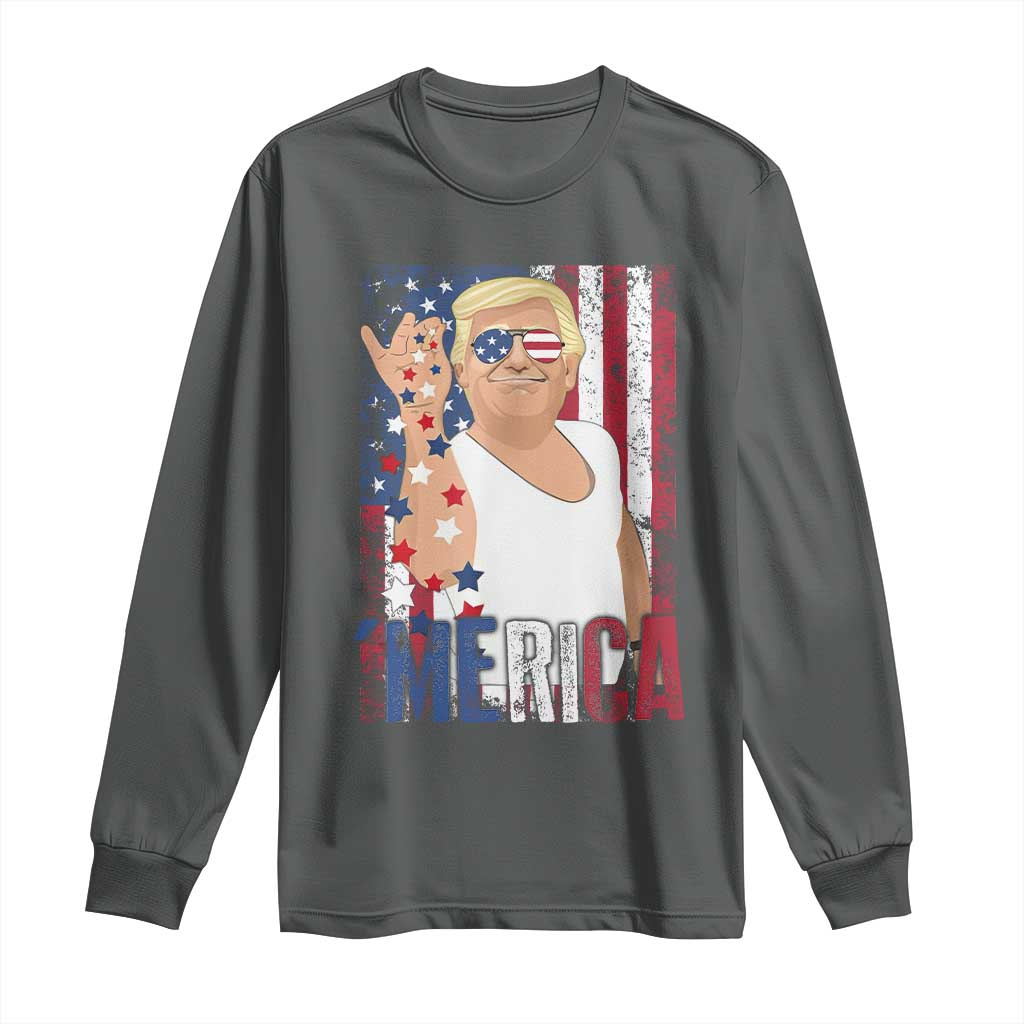 Funny Patriotic Trump Merica Long Sleeve Shirt Vintage American Flag 4th of July TS11 Dark Heather Print Your Wear