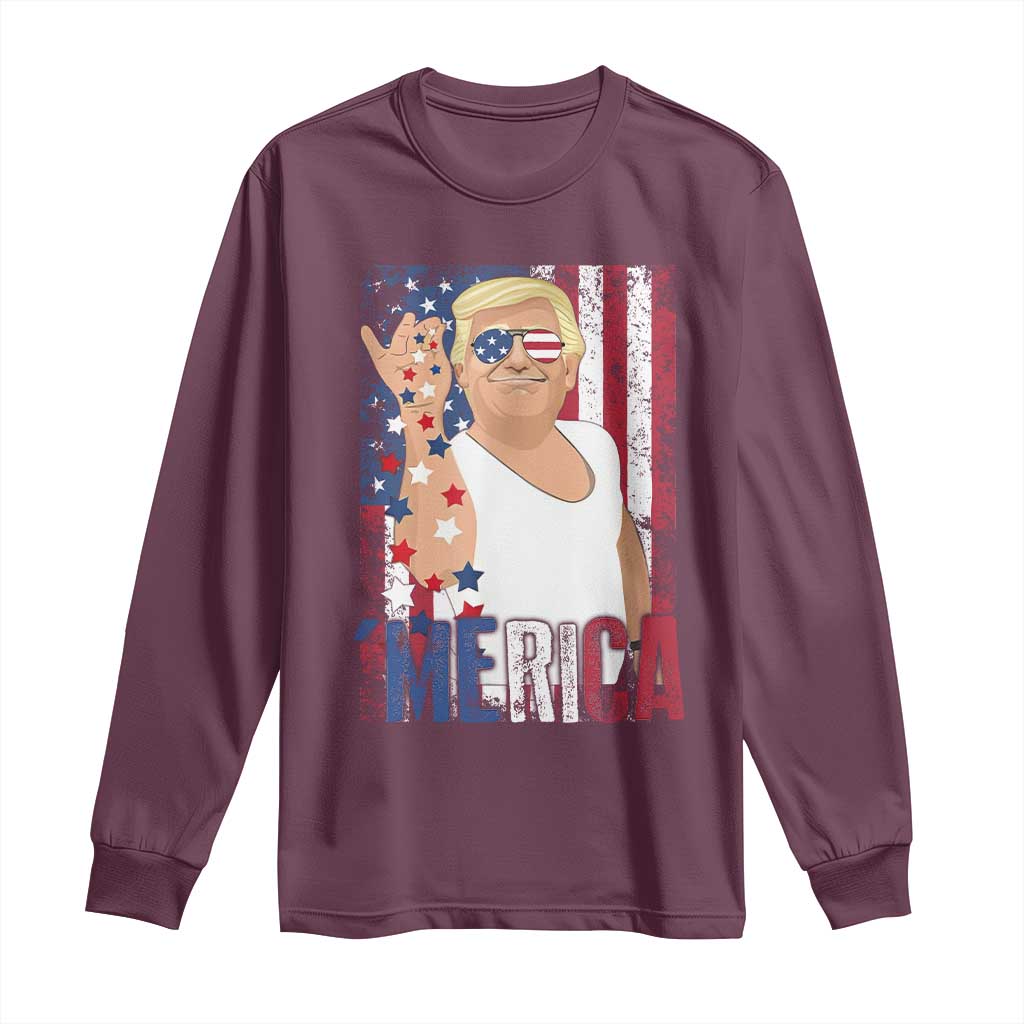 Funny Patriotic Trump Merica Long Sleeve Shirt Vintage American Flag 4th of July TS11 Maroon Print Your Wear