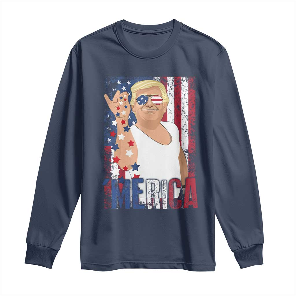 Funny Patriotic Trump Merica Long Sleeve Shirt Vintage American Flag 4th of July TS11 Navy Print Your Wear