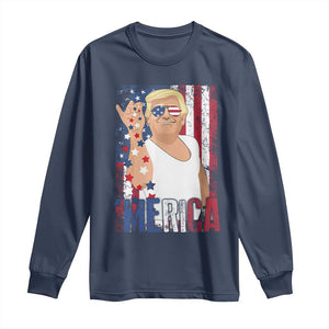 Funny Patriotic Trump Merica Long Sleeve Shirt Vintage American Flag 4th of July TS11 Navy Print Your Wear