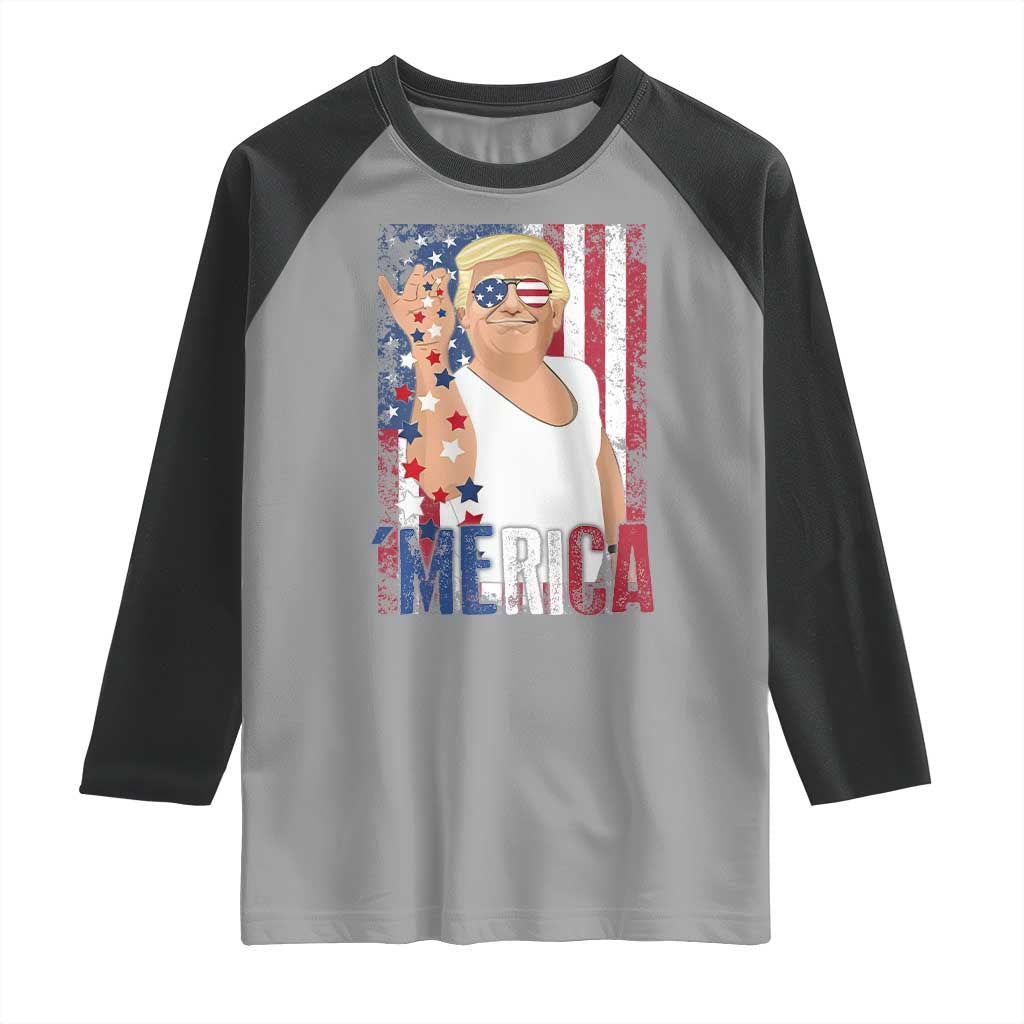 Funny Patriotic Trump Merica Raglan Shirt Vintage American Flag 4th of July TS11 Sport Gray Black Print Your Wear