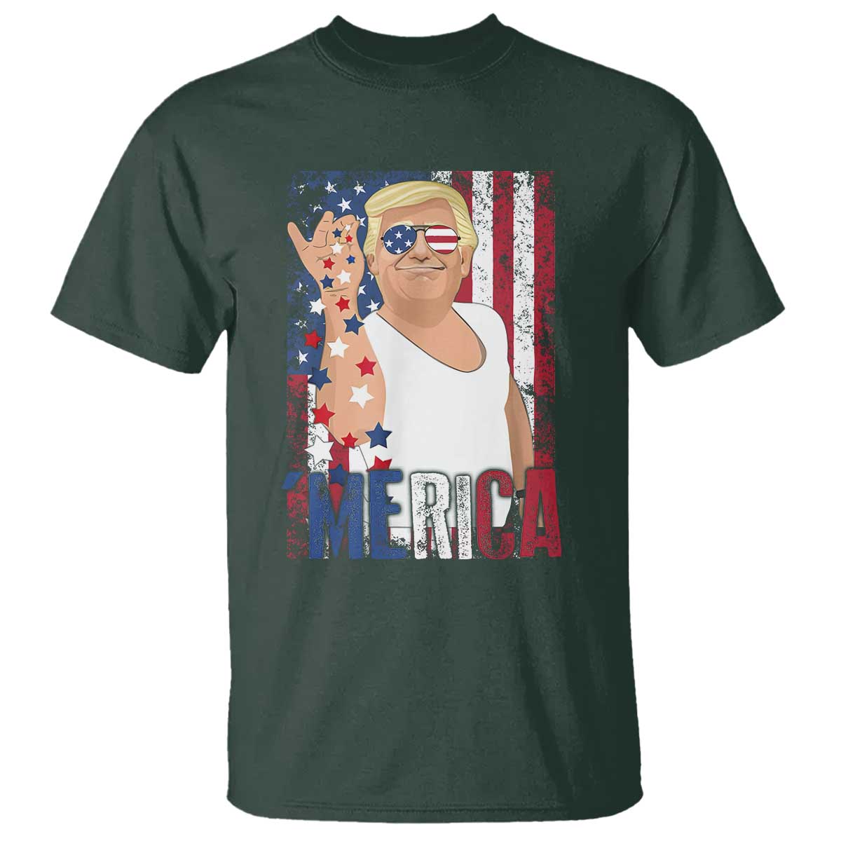 Funny Patriotic Trump Merica T Shirt Vintage American Flag 4th of July TS11 Dark Forest Green Print Your Wear
