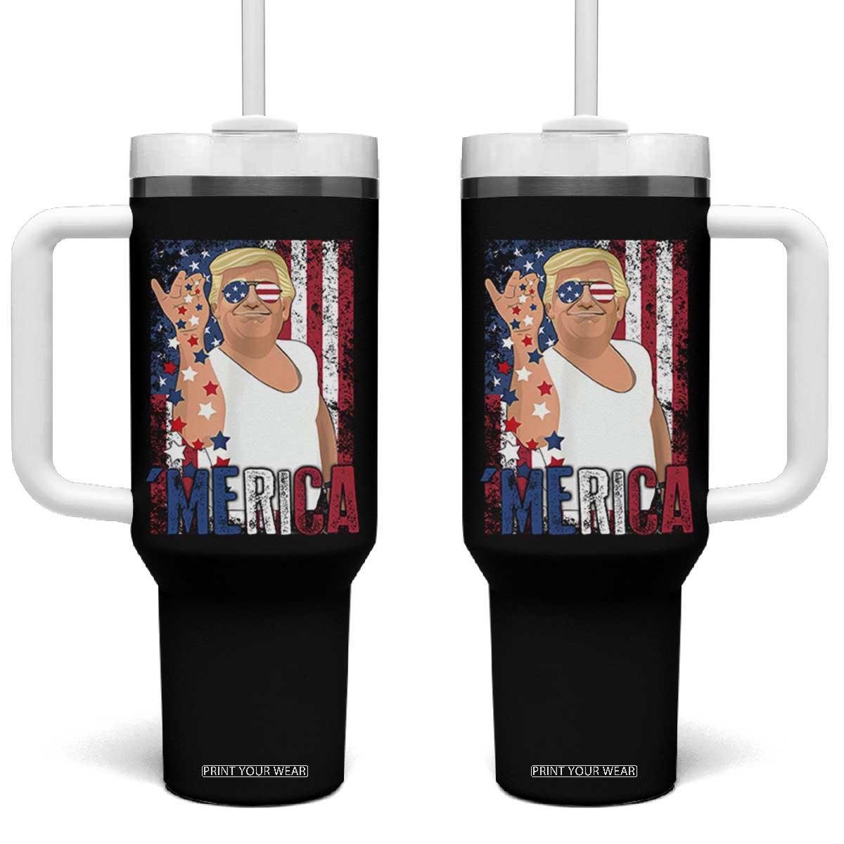 Funny Patriotic Trump Merica Tumbler With Handle Vintage American Flag 4th of July TS11 One Size: 40 oz Black Print Your Wear