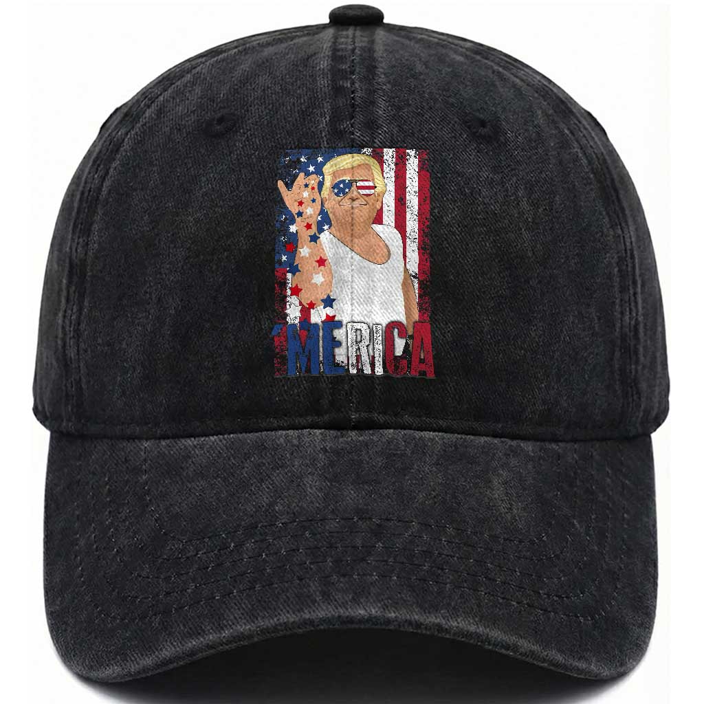 Funny Patriotic Trump Merica Washed Cotton Baseball Cap Vintage American Flag 4th of July TS11 Washed Cap Universal Fit Black Print Your Wear