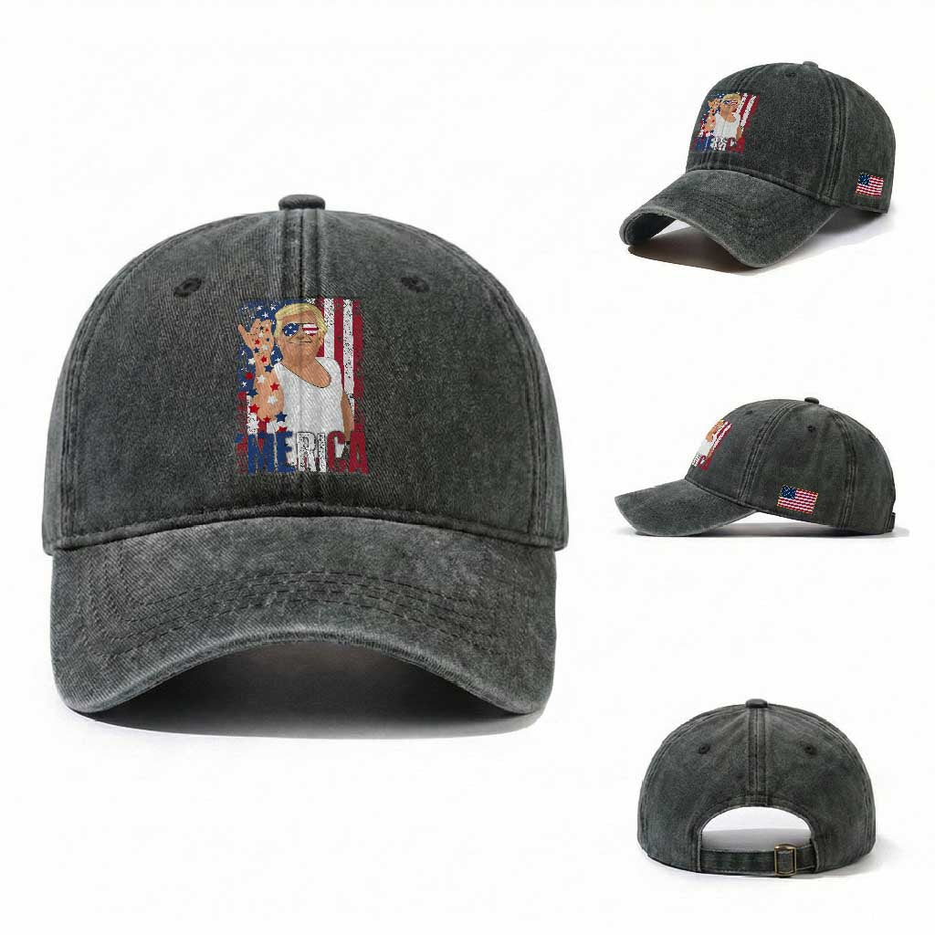 Funny Patriotic Trump Merica Washed Cotton Baseball Cap Vintage American Flag 4th of July TS11 Washed Cap Universal Fit Dark Green Print Your Wear