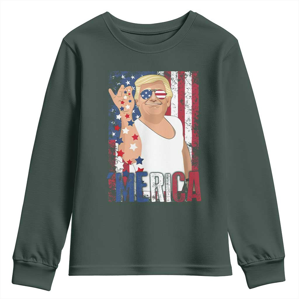 Funny Patriotic Trump Merica Youth Sweatshirt Vintage American Flag 4th of July TS11 Dark Forest Green Print Your Wear