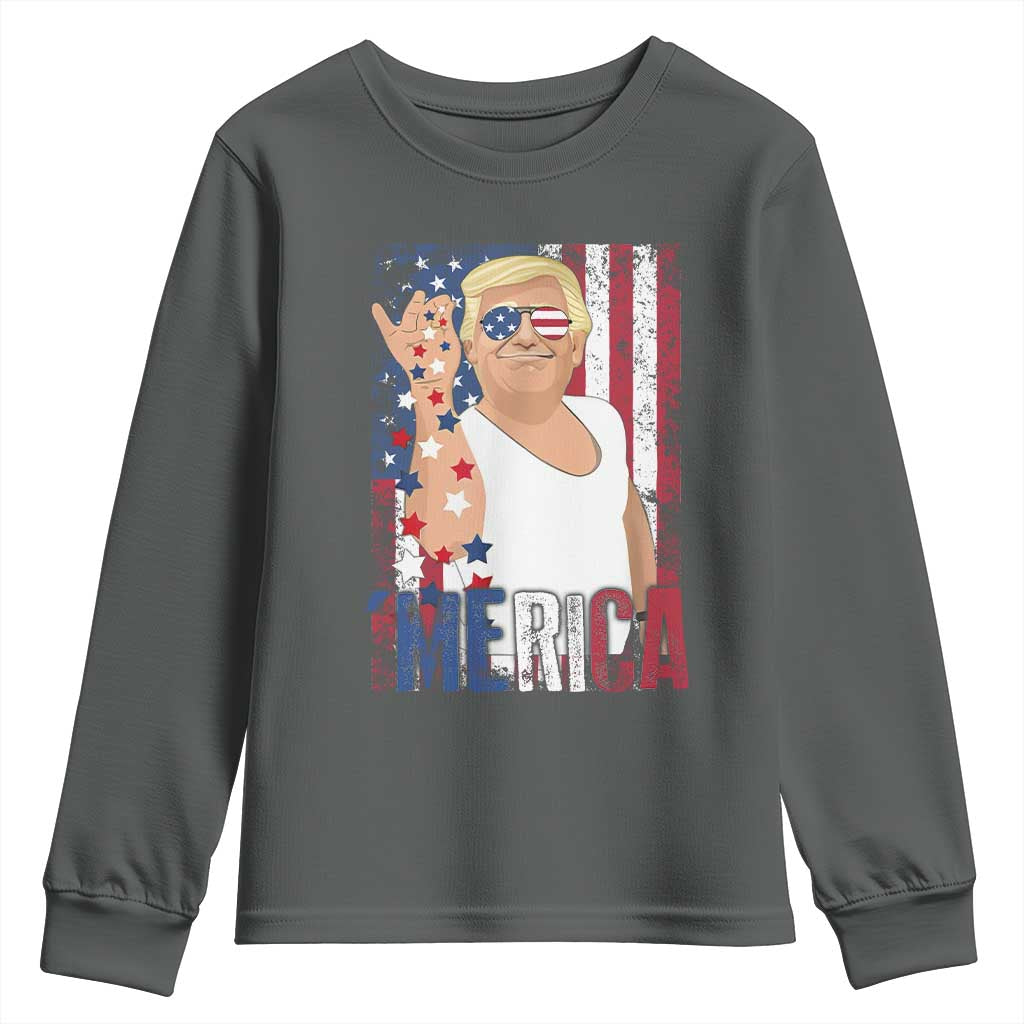 Funny Patriotic Trump Merica Youth Sweatshirt Vintage American Flag 4th of July TS11 Dark Heather Print Your Wear