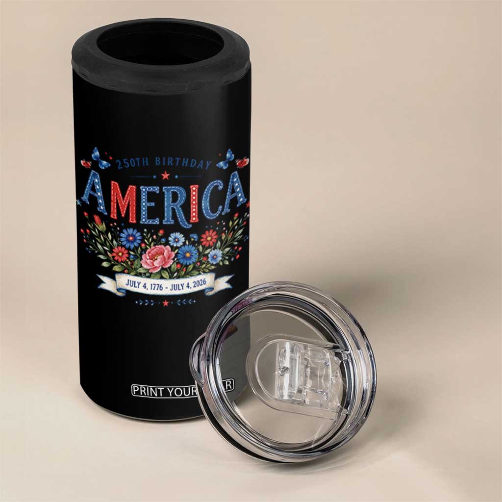 Floral 250th Birthday of America 250 Years USA Patriotic 4 in 1 Can Cooler Tumbler