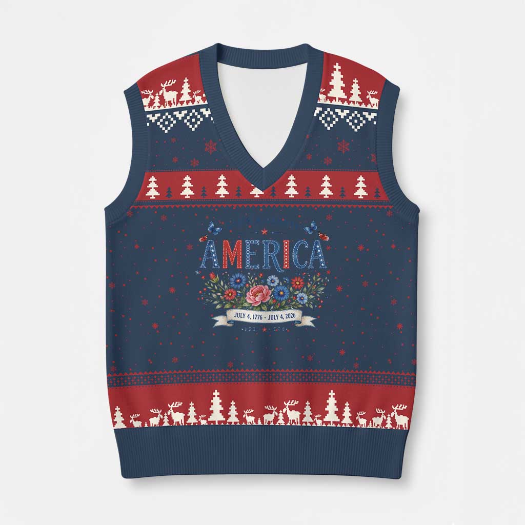 Floral 250th Birthday of America 250 Years USA Patriotic V-Neck Knit Sweater Vest