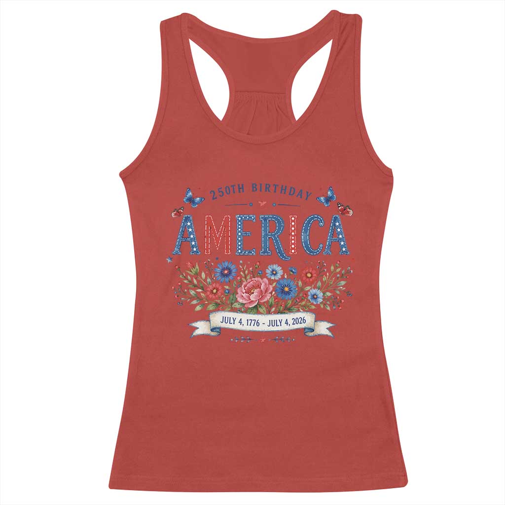 Floral 250th Birthday of America 250 Years USA Patriotic Racerback Tank Top