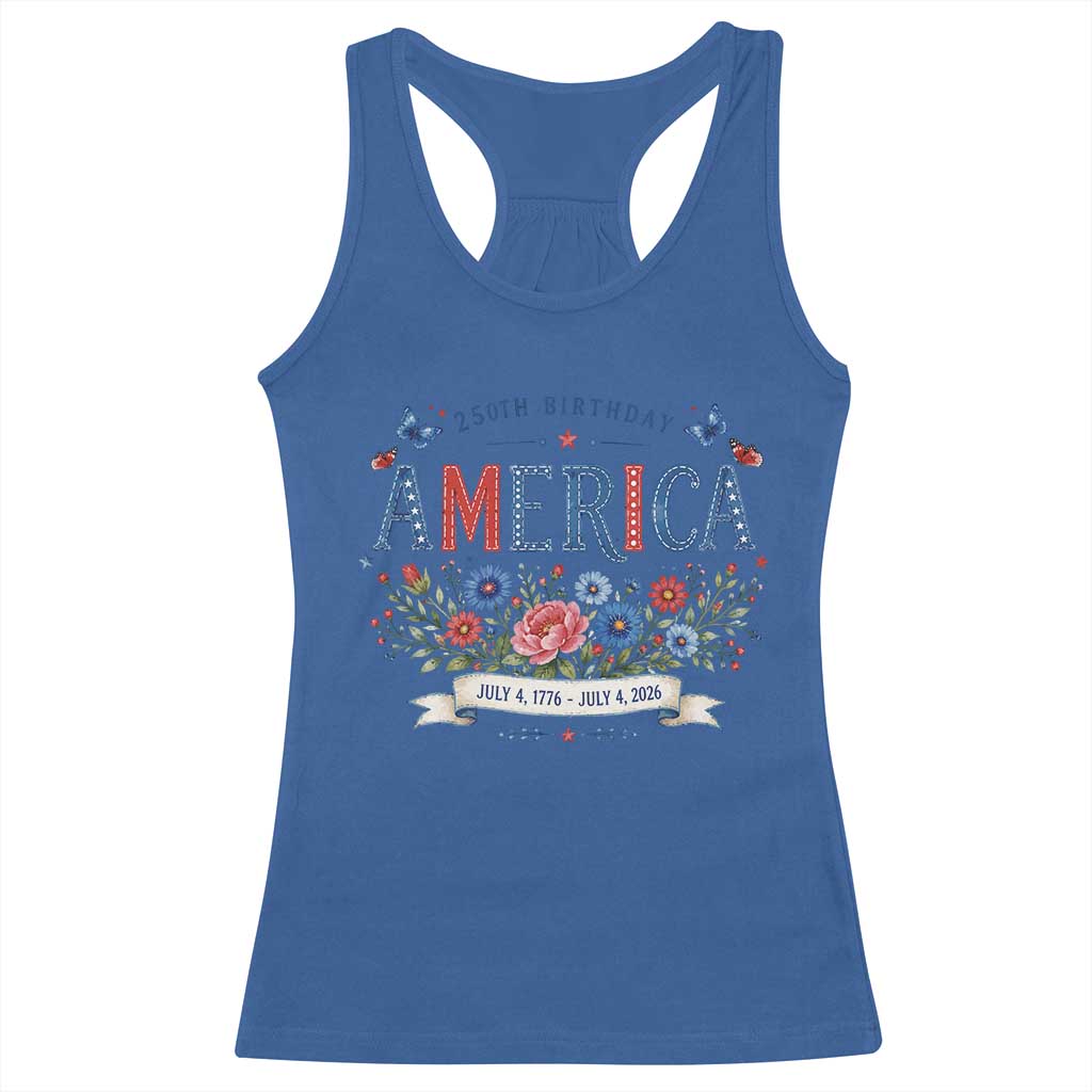 Floral 250th Birthday of America 250 Years USA Patriotic Racerback Tank Top
