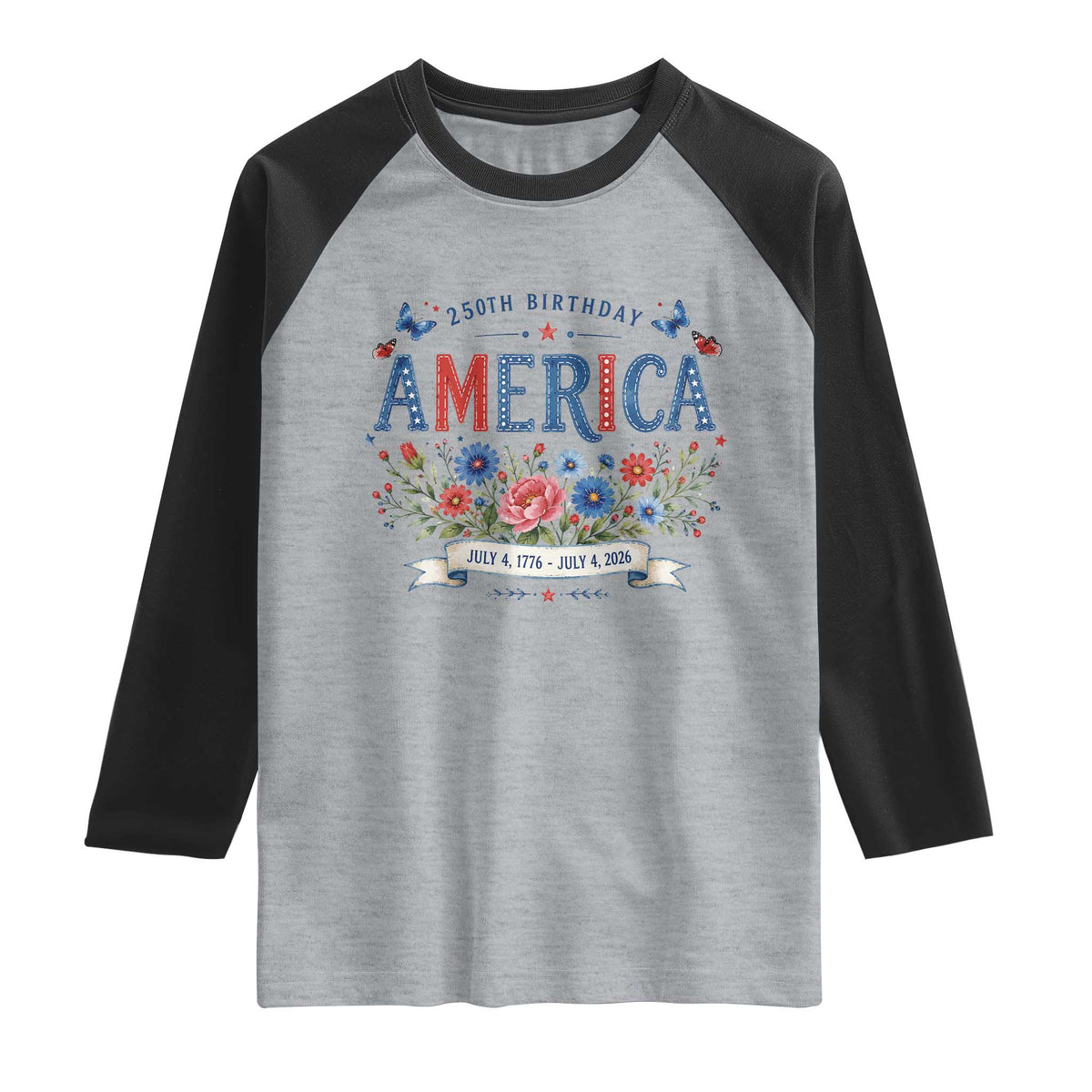 Floral 250th Birthday of America 250 Years USA Patriotic Raglan Shirt
