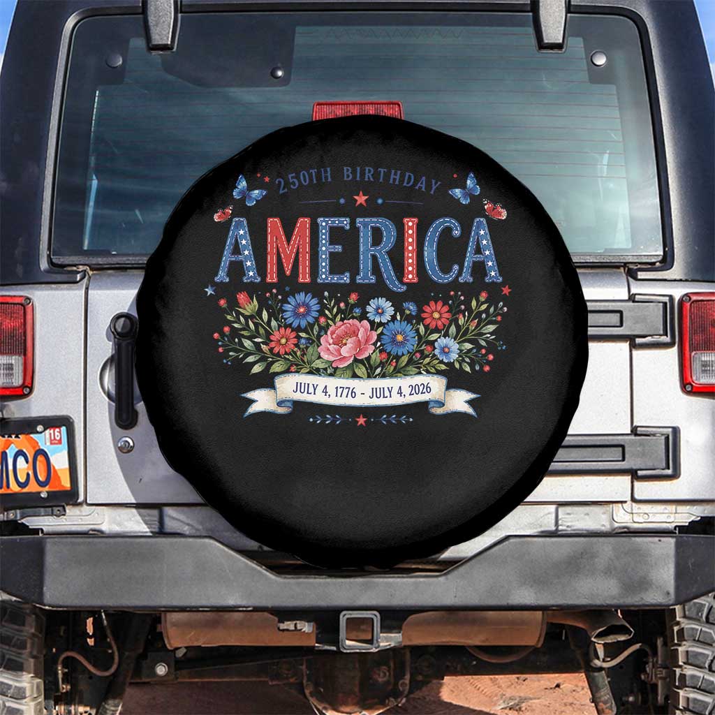 Floral 250th Birthday of America 250 Years USA Patriotic Spare Tire Cover TS11 No hole Black Print Your Wear