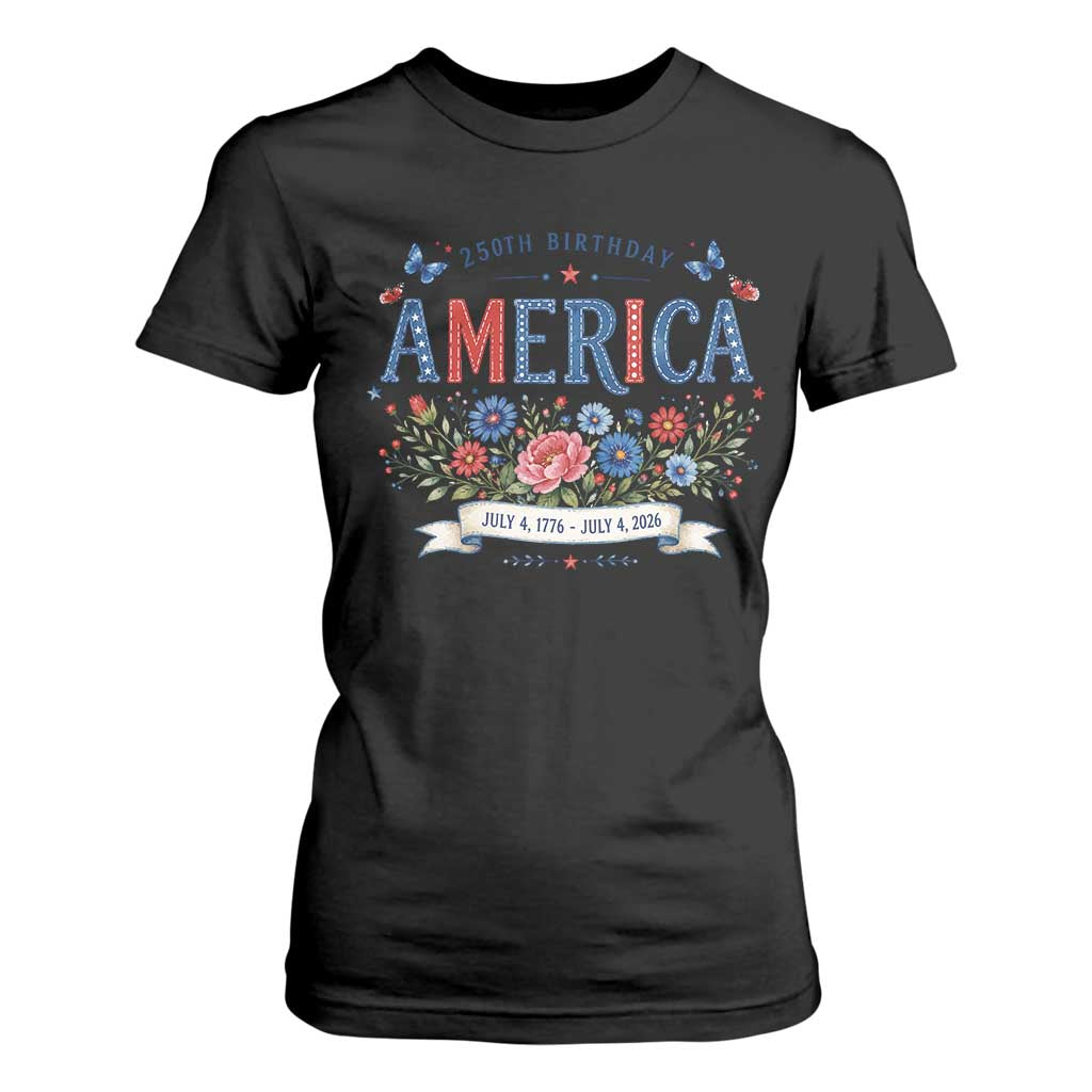 Floral 250th Birthday of America 250 Years USA Patriotic T Shirt For Women