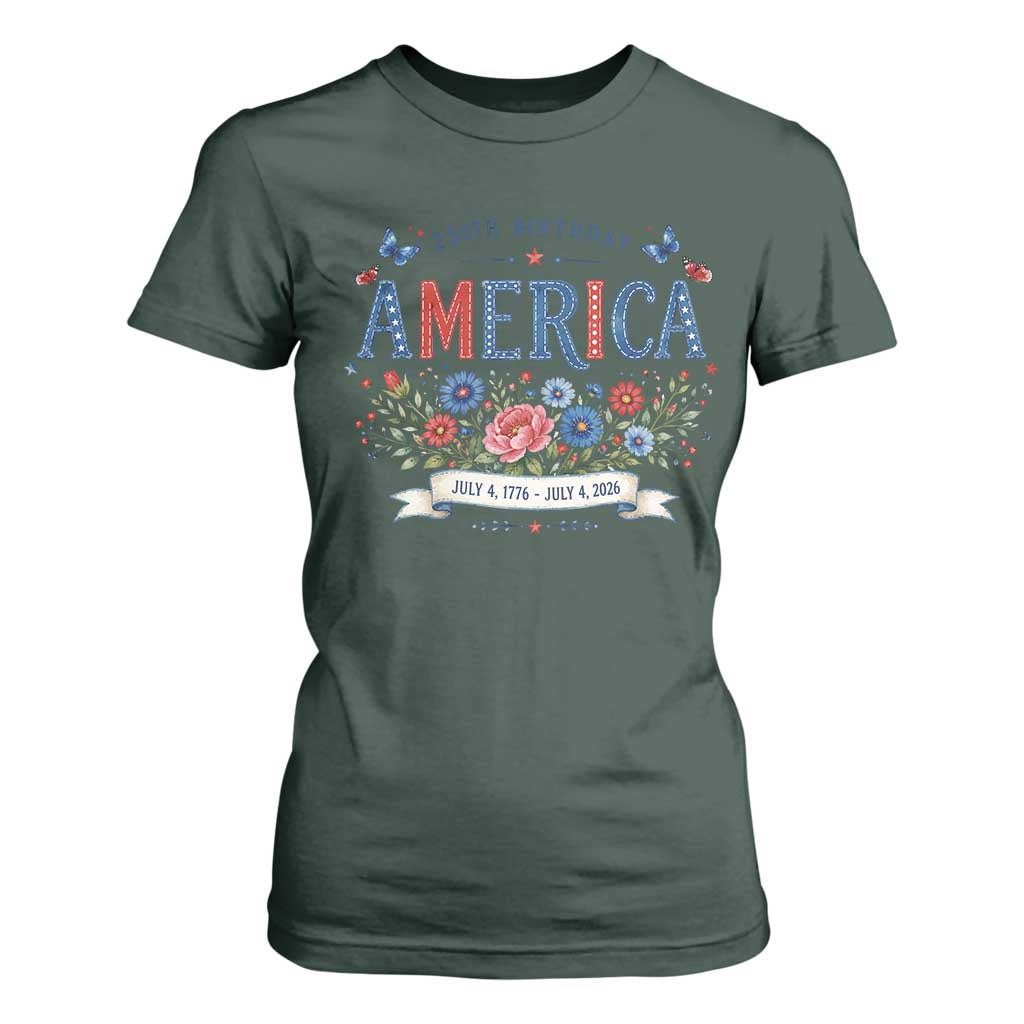 Floral 250th Birthday of America 250 Years USA Patriotic T Shirt For Women