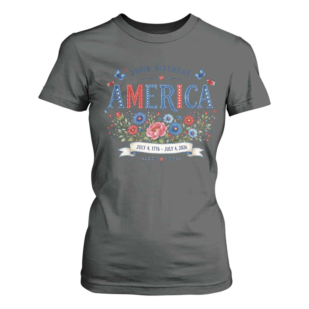 Floral 250th Birthday of America 250 Years USA Patriotic T Shirt For Women