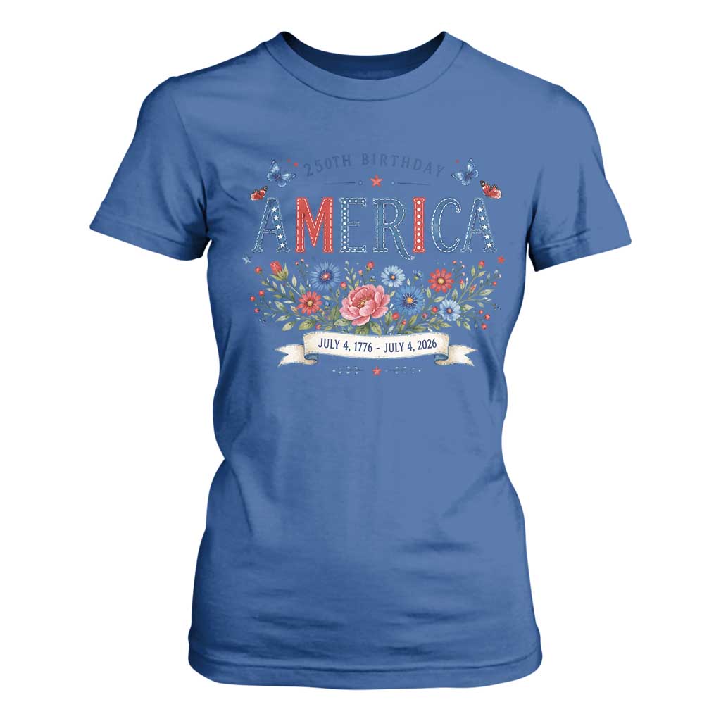 Floral 250th Birthday of America 250 Years USA Patriotic T Shirt For Women