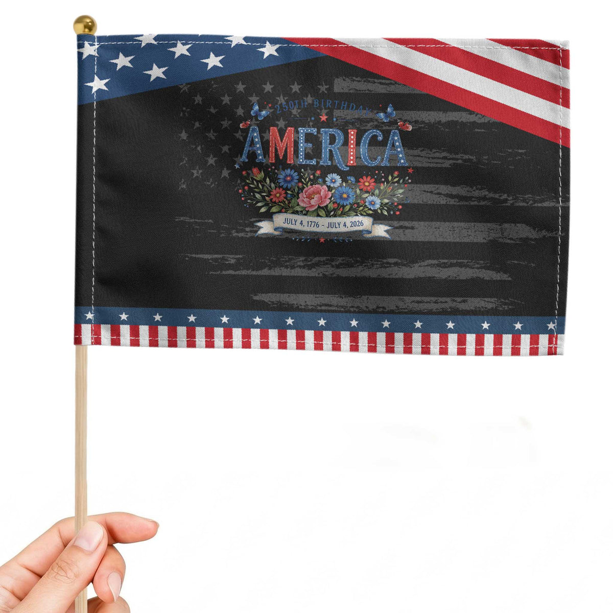 Floral 250th Birthday of America 250 Years USA Patriotic Handheld Flag TS11 Distressed 8.2