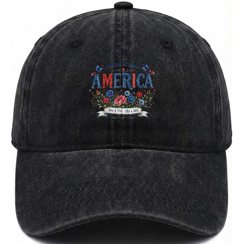 Floral 250th Birthday of America 250 Years USA Patriotic Washed Cotton Baseball Cap TS11 Print Your Wear
