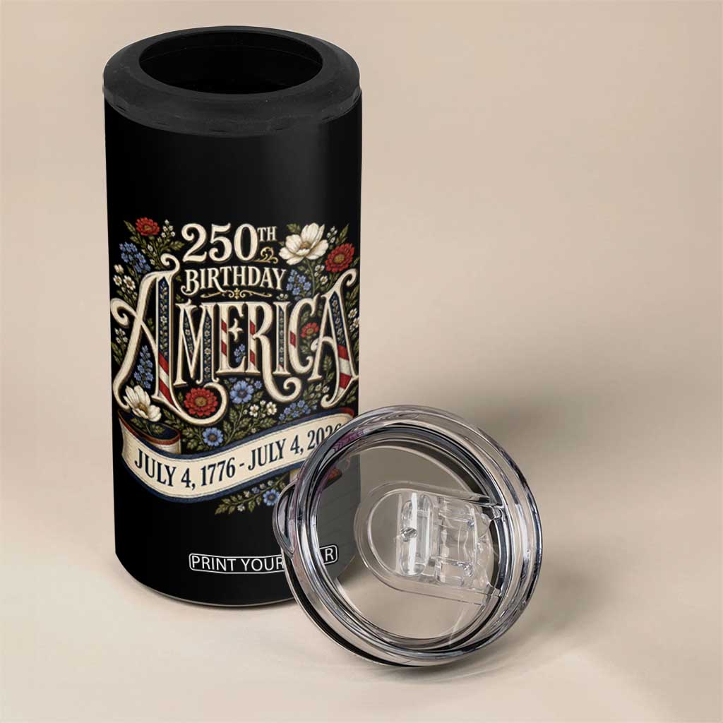 Floral America 250th Birthday 4 in 1 Can Cooler Tumbler 4th of July America 250 Years Retro
