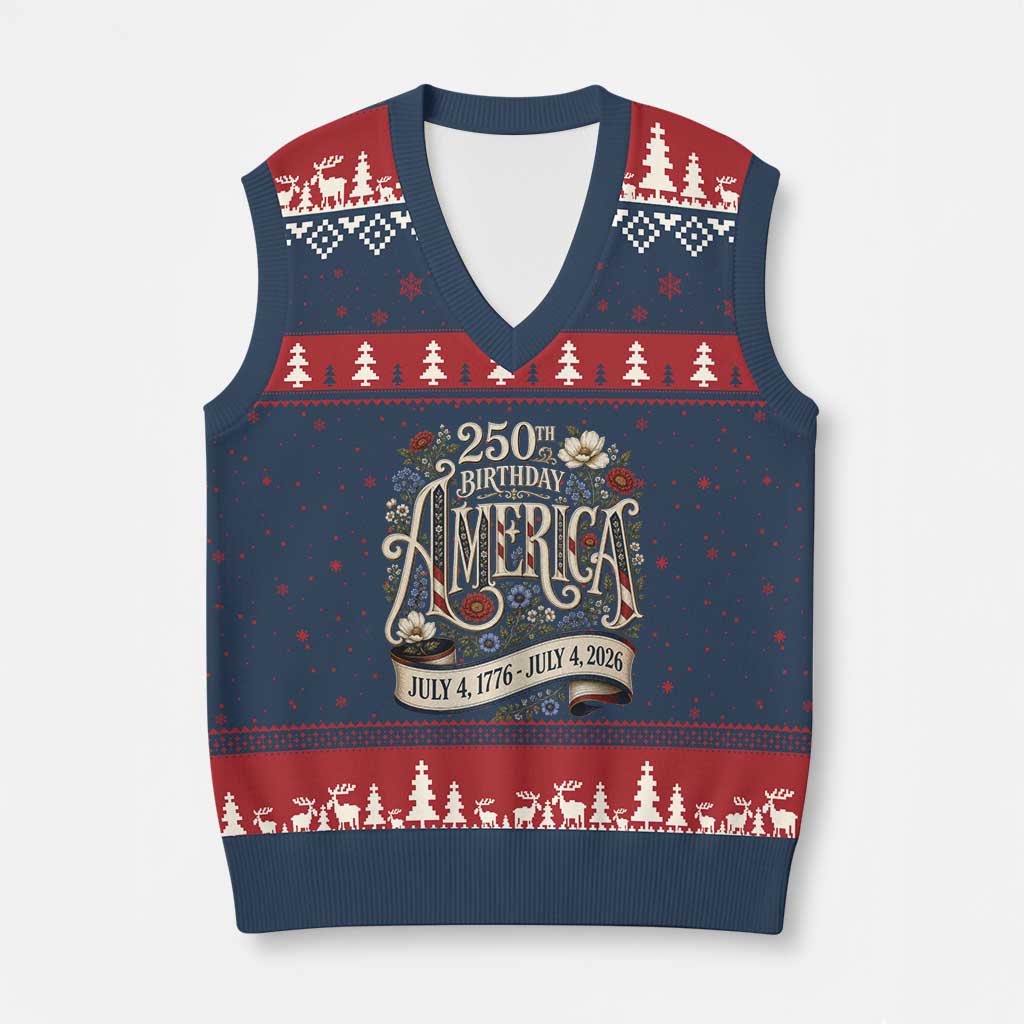 Floral America 250th Birthday V-Neck Knit Sweater Vest 4th of July America 250 Years Retro TS11 Navy Red Print Your Wear