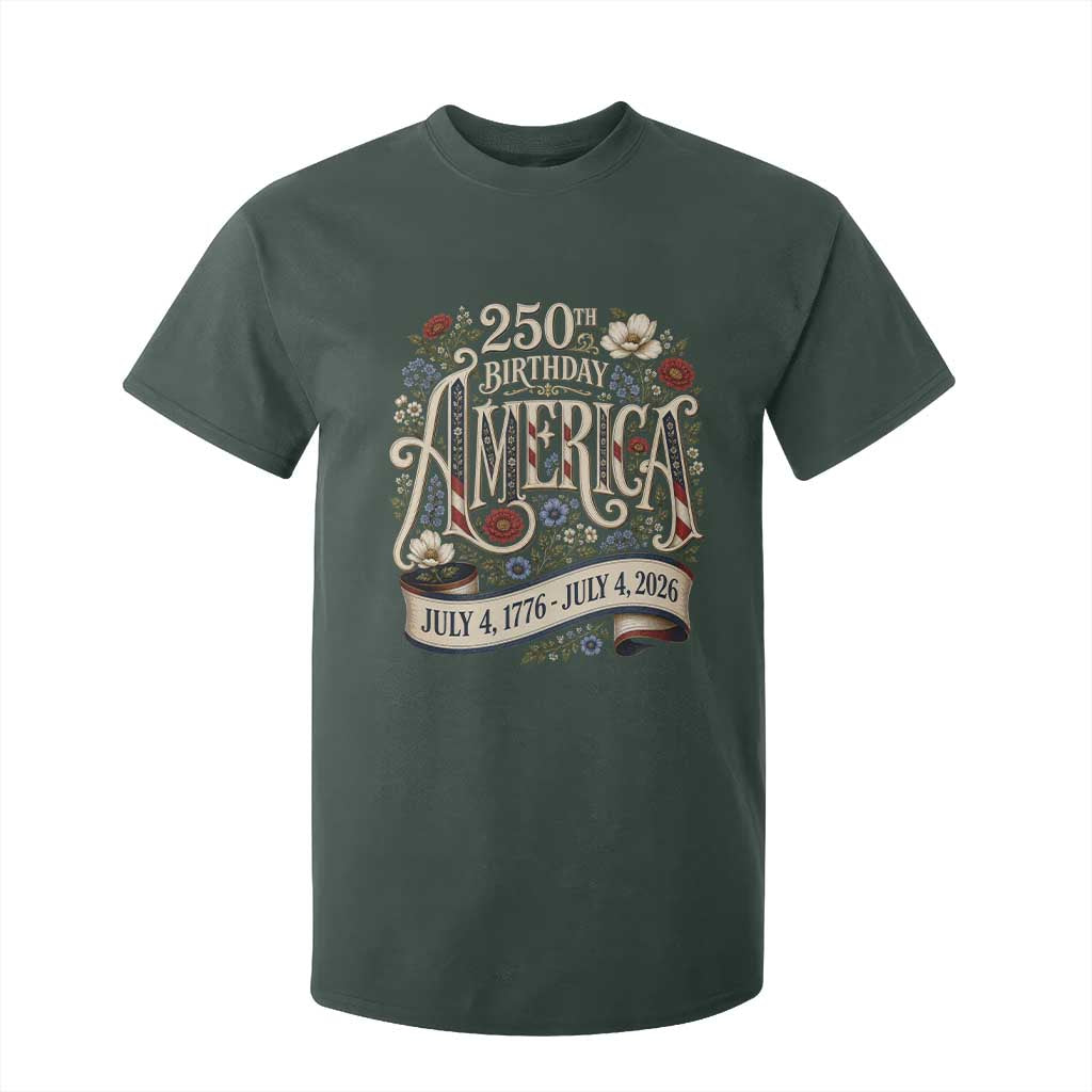 Floral America 250th Birthday T Shirt For Kid 4th of July America 250 Years Retro