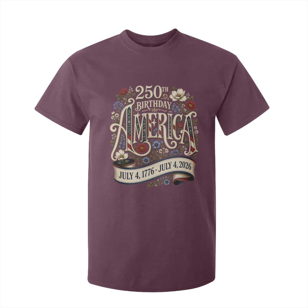 Floral America 250th Birthday T Shirt For Kid 4th of July America 250 Years Retro