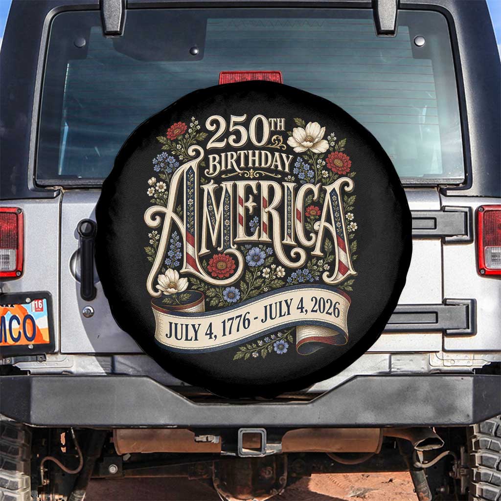 Floral America 250th Birthday Spare Tire Cover 4th of July America 250 Years Retro TS11 No hole Black Print Your Wear
