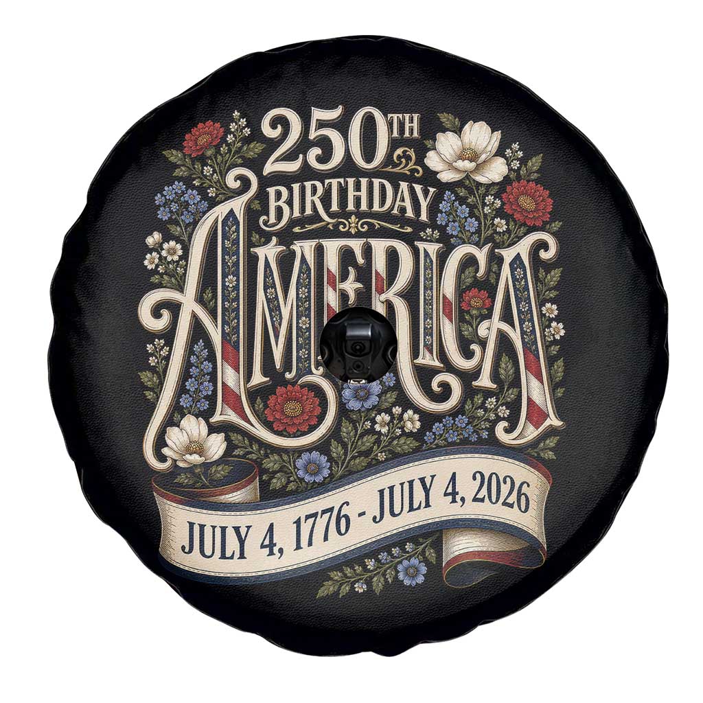 Floral America 250th Birthday Spare Tire Cover 4th of July America 250 Years Retro