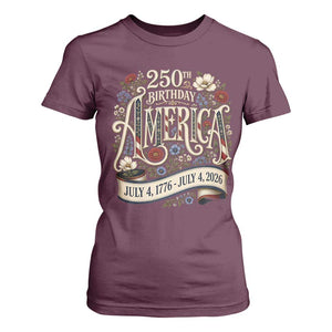 Floral America 250th Birthday T Shirt For Women 4th of July America 250 Years Retro