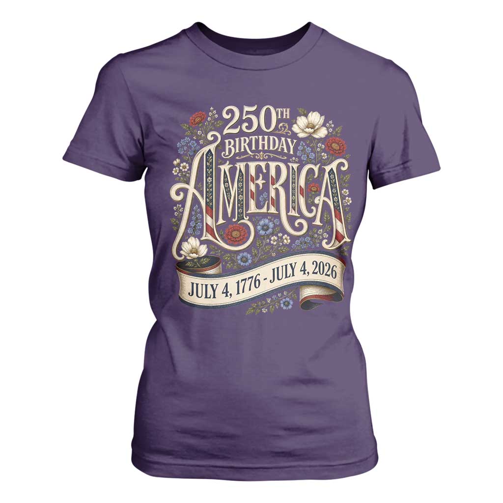Floral America 250th Birthday T Shirt For Women 4th of July America 250 Years Retro