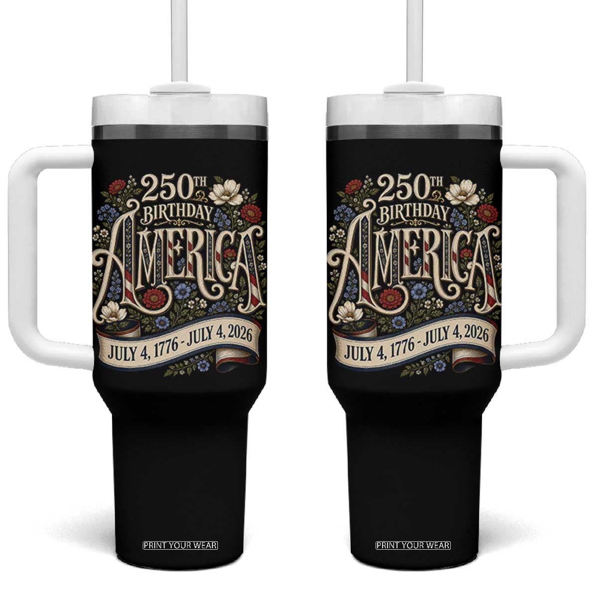 Floral America 250th Birthday Tumbler With Handle 4th of July America 250 Years Retro